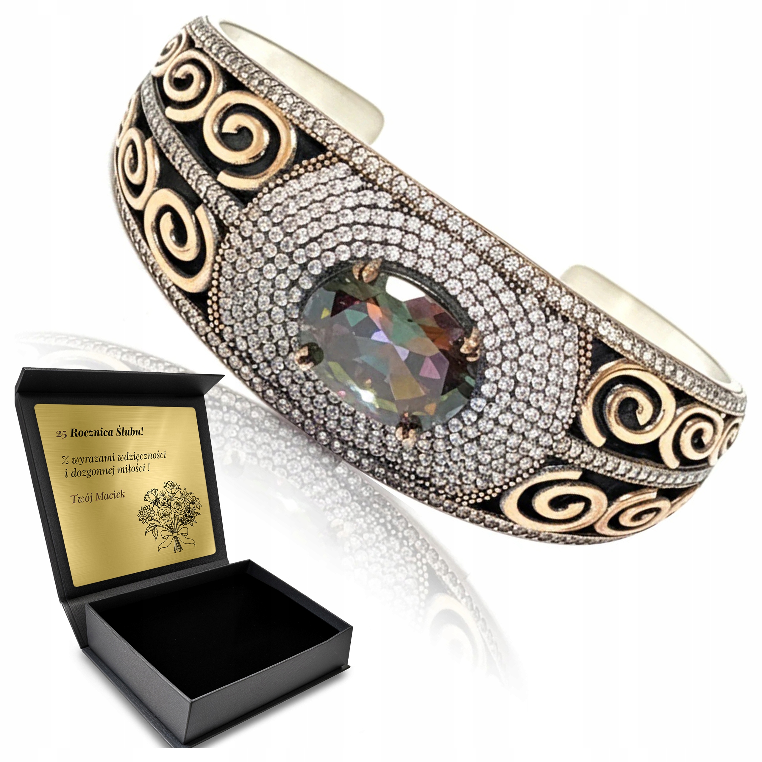 Stříbrný Náramek Zirkony Orientální Topaz Nastavitelný Otevřený Gravírování