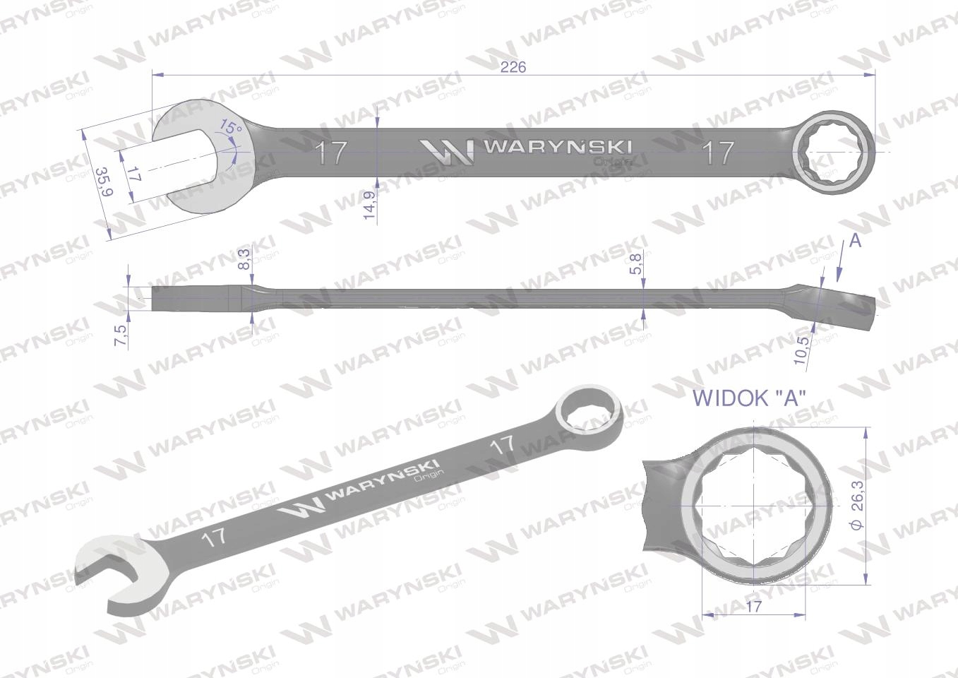 Klucz płasko-oczkowy 17 mm. CrV. DIN 3113. Waryńsk Marka Waryński