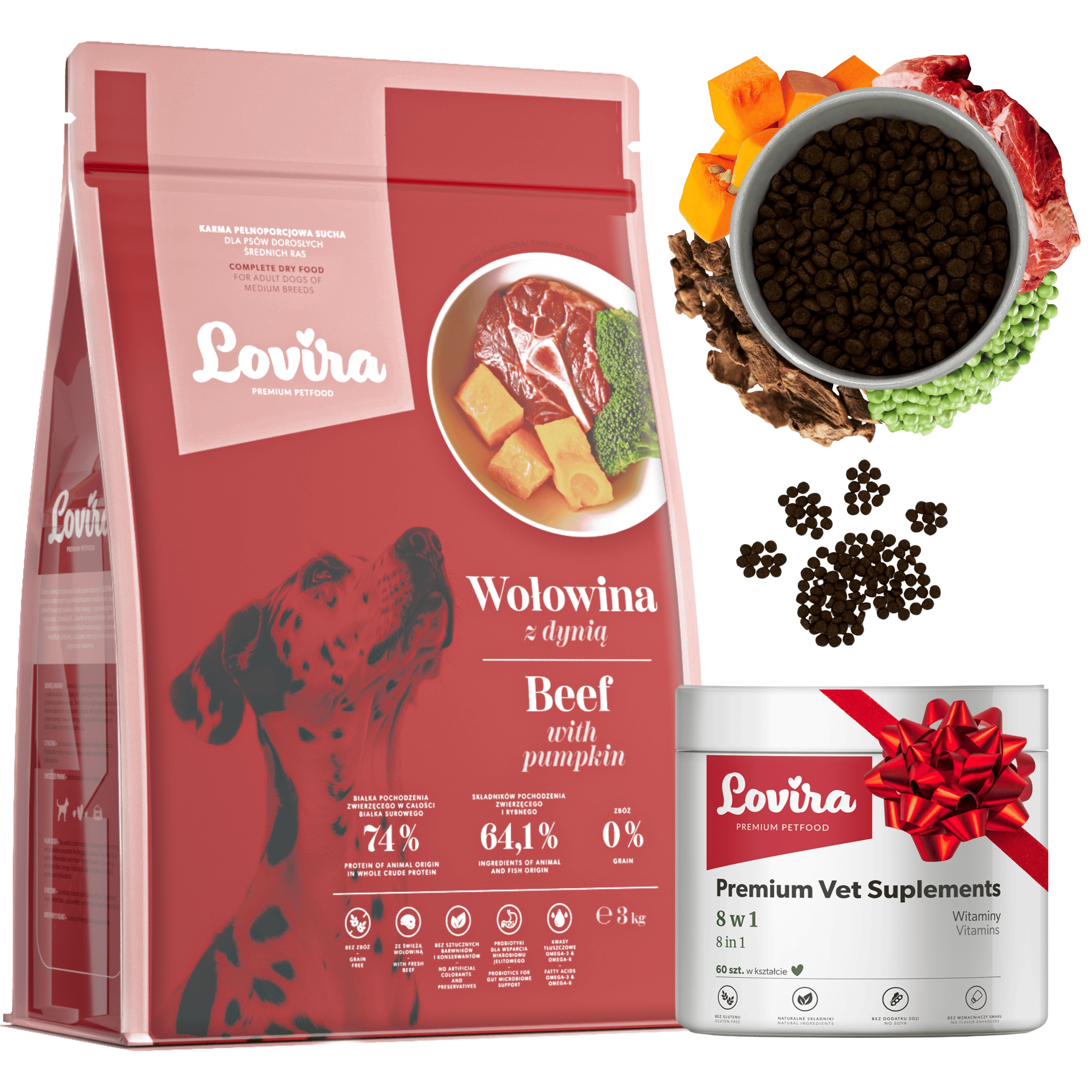 Levně Krmivo Suché Hovězí Maso+bonus Doplňky Pro Psa 8v1 komplex Vitamínů 60 ks