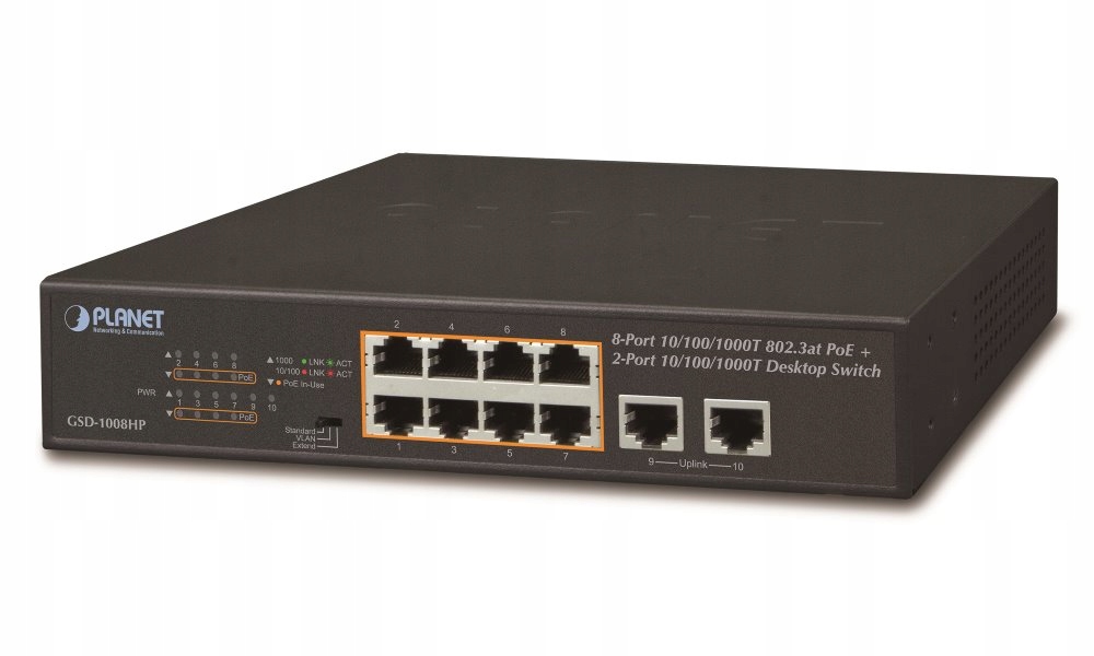 Planet GSD-1008HP, PoE switch 8x PoE 802.3at 120W 2x 1000Base-T, Vlan, ex