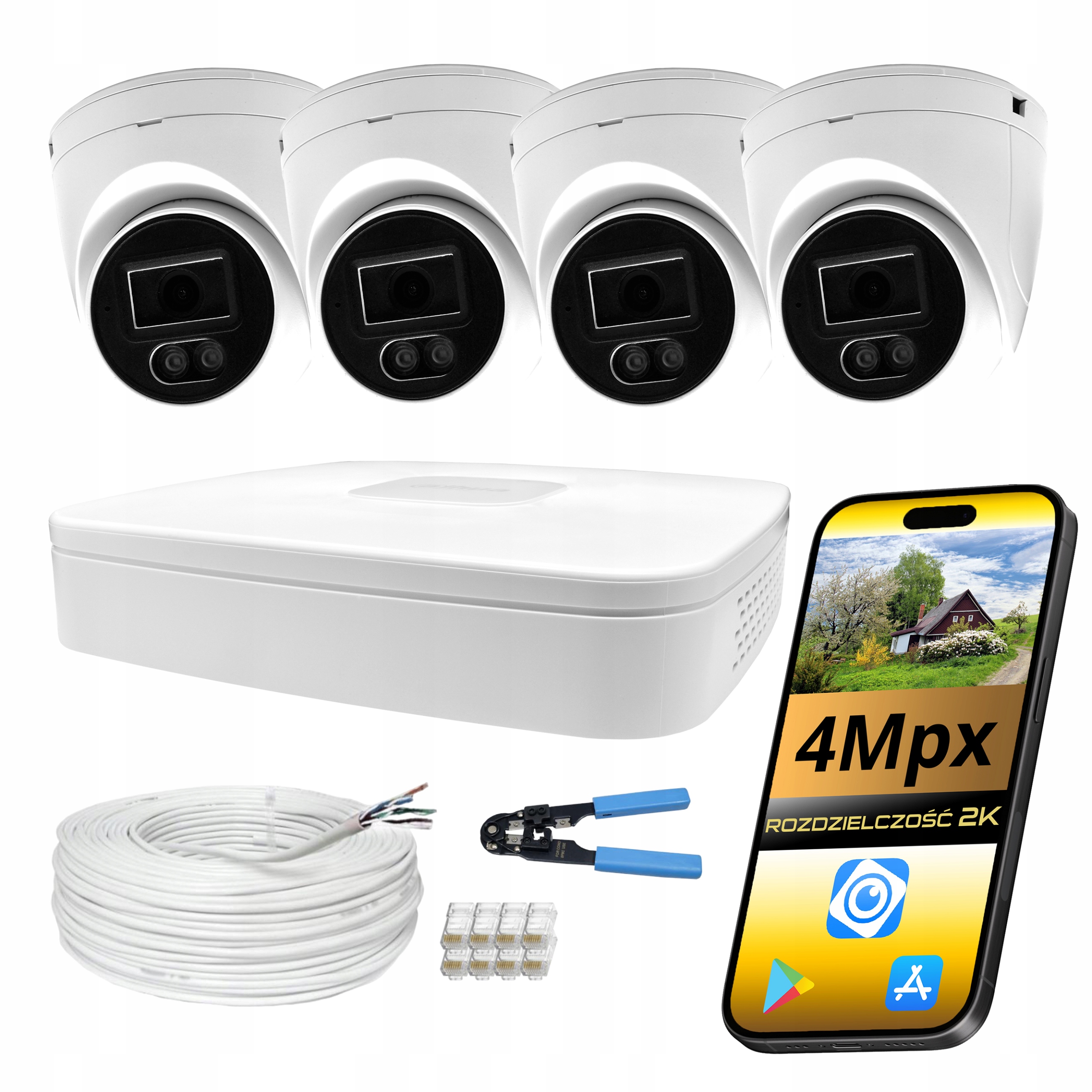 Ip monitorovací sada Dahua 4x venkovní kopulová kamera 4Mpx Dual Light