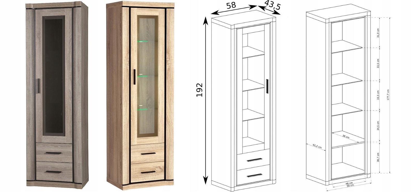 witryna słupek z szybą regał zamykany Dallas 16 Głębokość mebla 45 cm