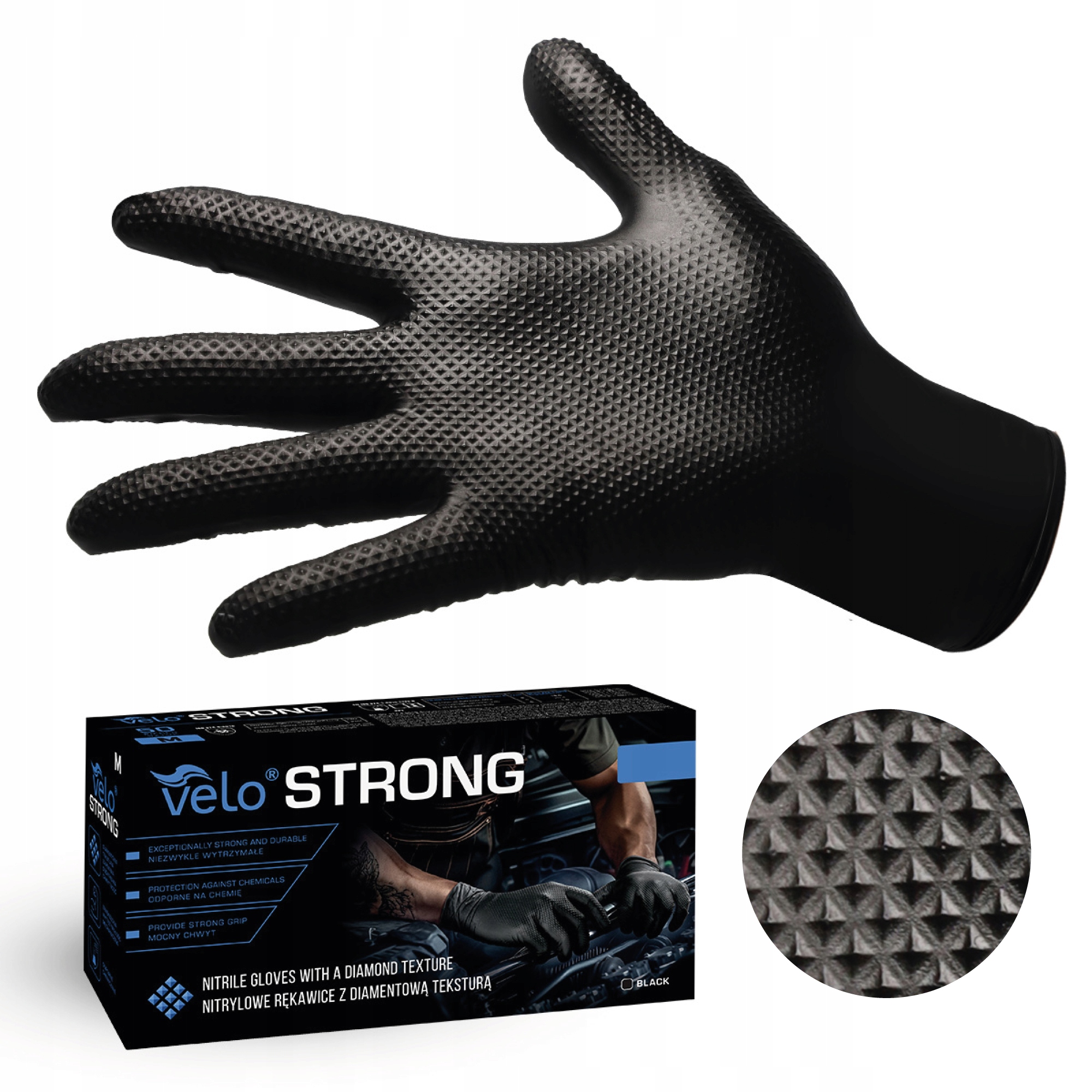 RĘKAWICE RĘKAWICZKI NITRYLOWE B. MOCNE ROBOCZE VELO STRONG GRIP - M 50 SZT