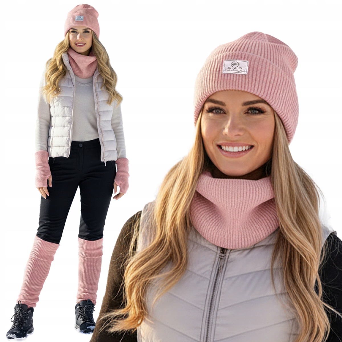 Dámský komplet 4v1 Čepice Nákrčník Rukavice Getry Teplá sada Růžová