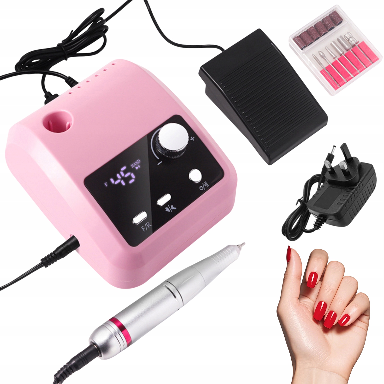 Profesionální Bruska Na Nehty 45000 Rpm S Nožním Pedálem A Sadou Pink