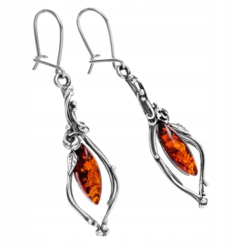 Náušnice Retro vintage s přírodním Jantarem, dlouhé, oxidované Stříbro 925