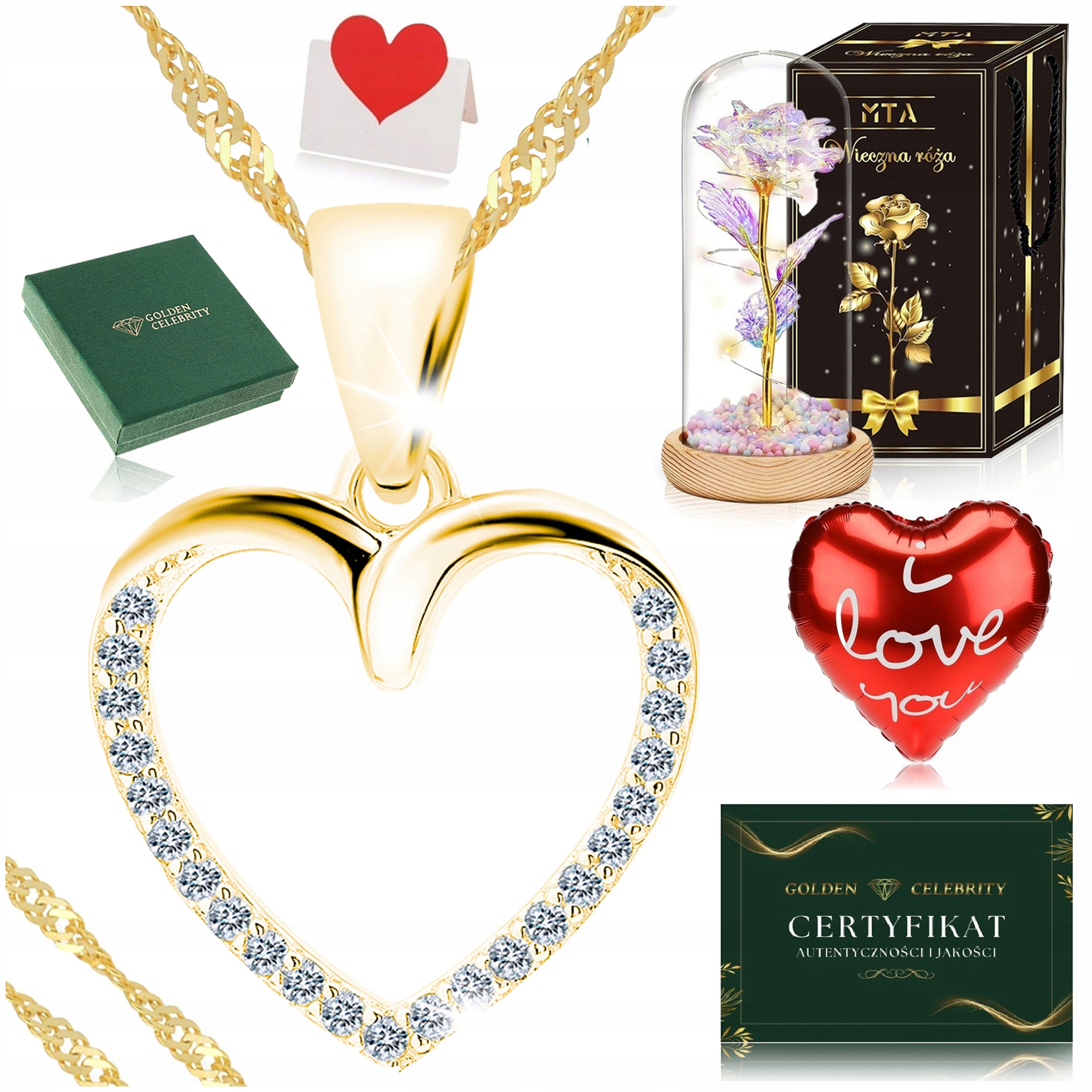 Zlatý Dámský Náhrdelník Srdce 925/585 Řetízek Přívěsek Led Věčná Růže