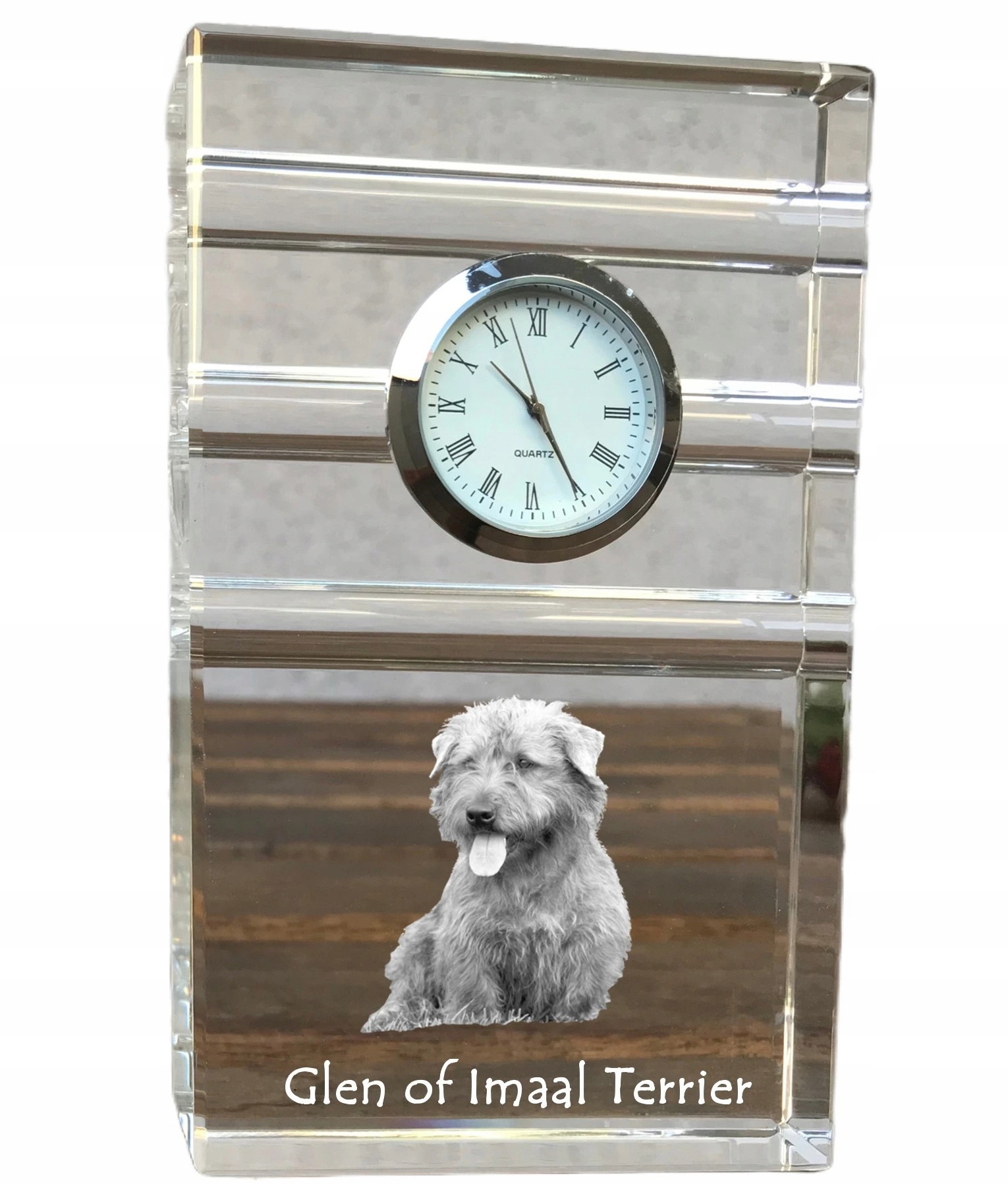 Glen of Imaal Terrier – krištáľové stolové hodinky so psom s vašou fotografiou