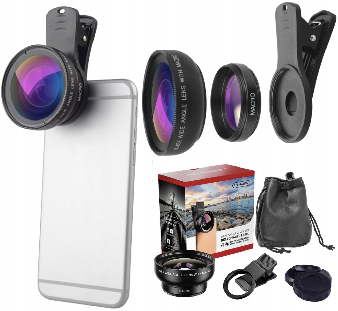 APEXEL OBIEKTYW 2W1 MACRO SZEROKOKĄTNY DO TELEFONU UNIWERSALNY MAKRO ZESTAW
