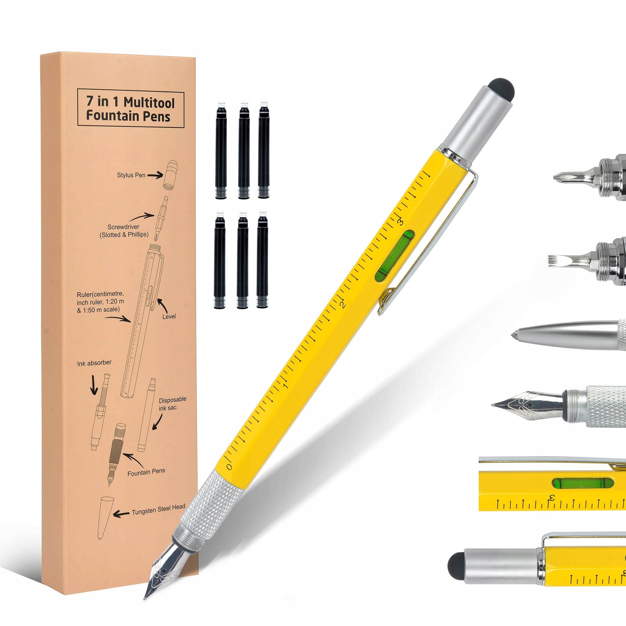 DŁUGOPIS MULTITOOL 7W1 ŻÓŁTY WIECZNE PIÓRO POZIOMICA MIARKA