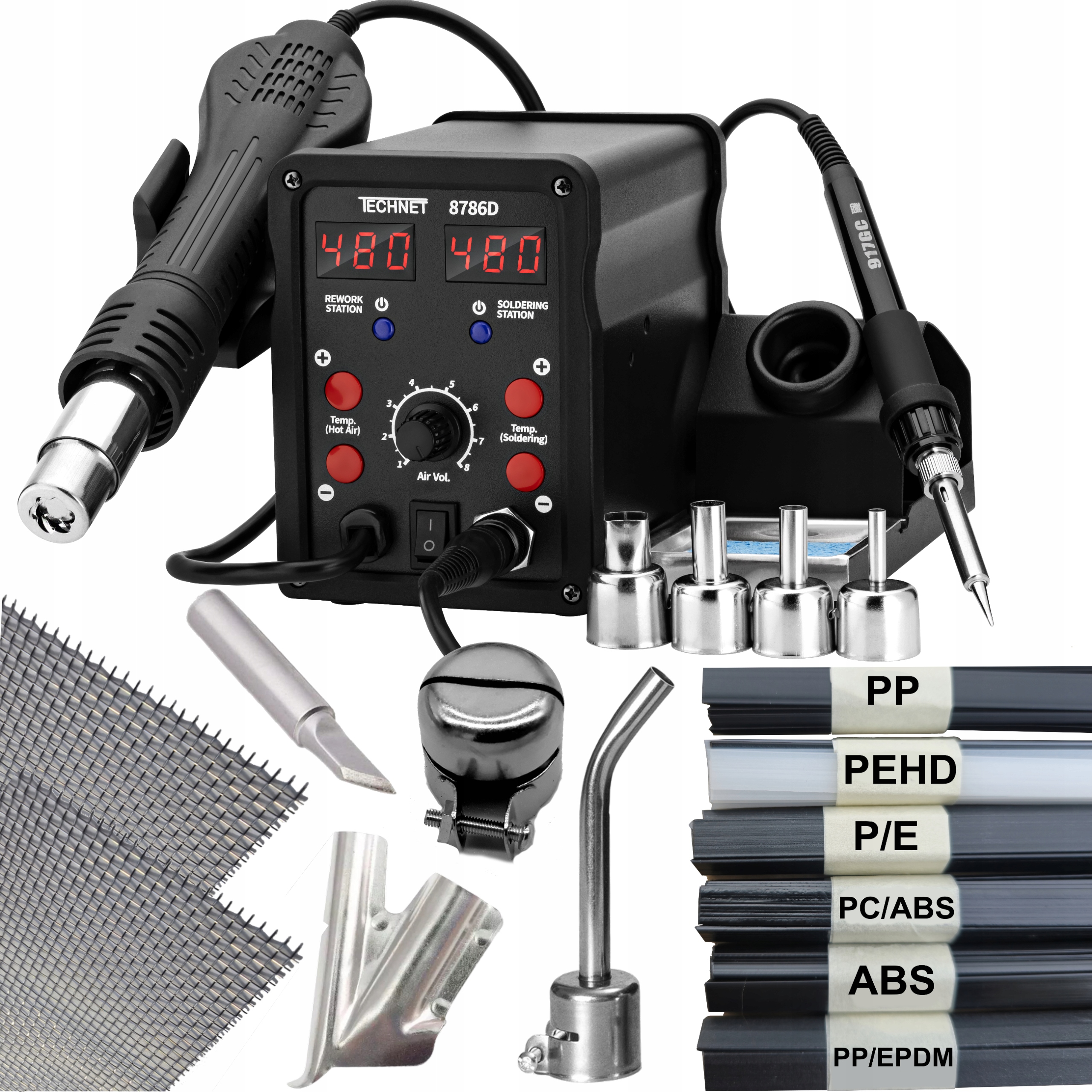 8786D Spawarka do Plastiku Lutownica Zgrzewarka 8x Dysze 6x Plastik Siatka