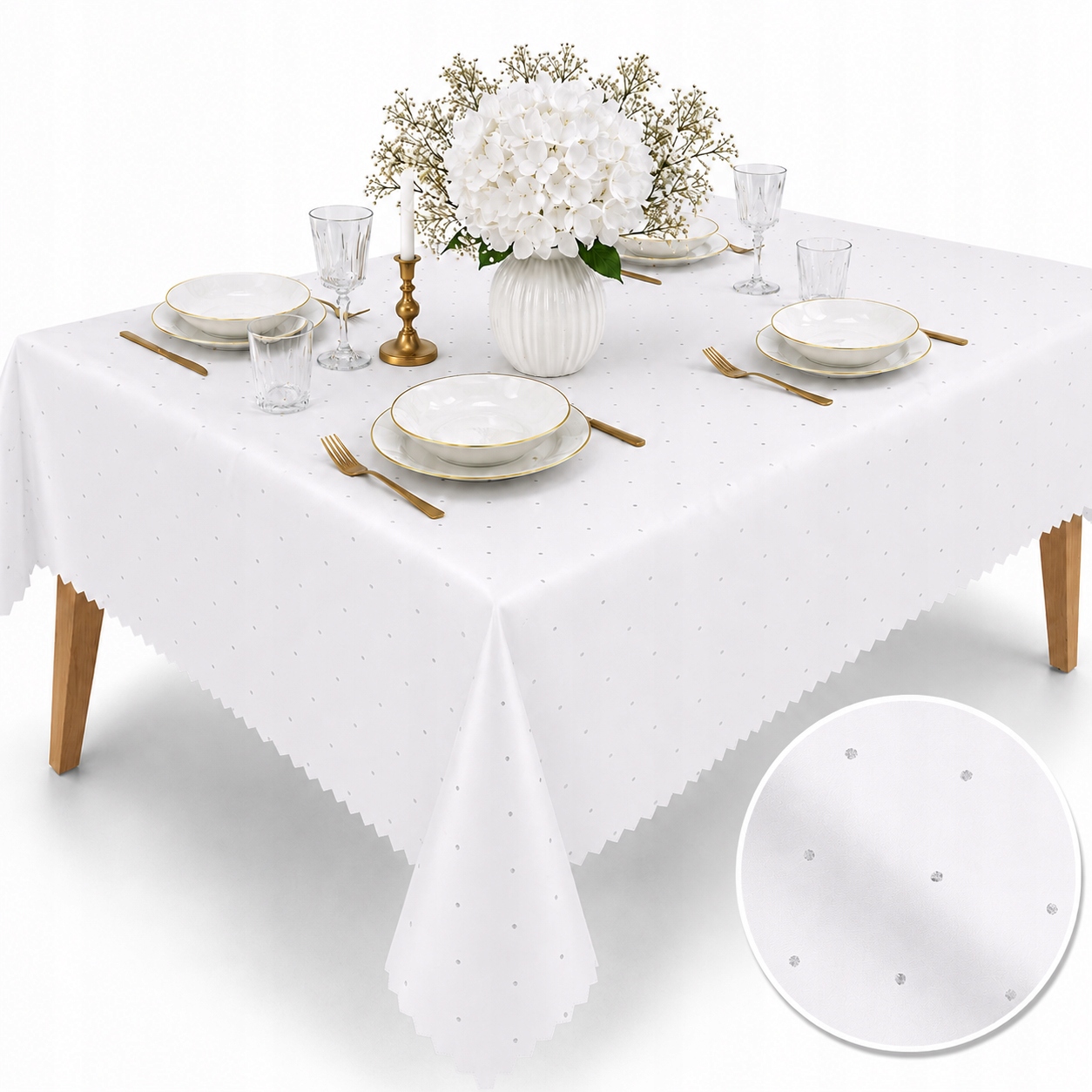 Ubrus odolný proti skvrnám 140x340 Celoroční Elegantní bílý Stříbro s puntíky SW34