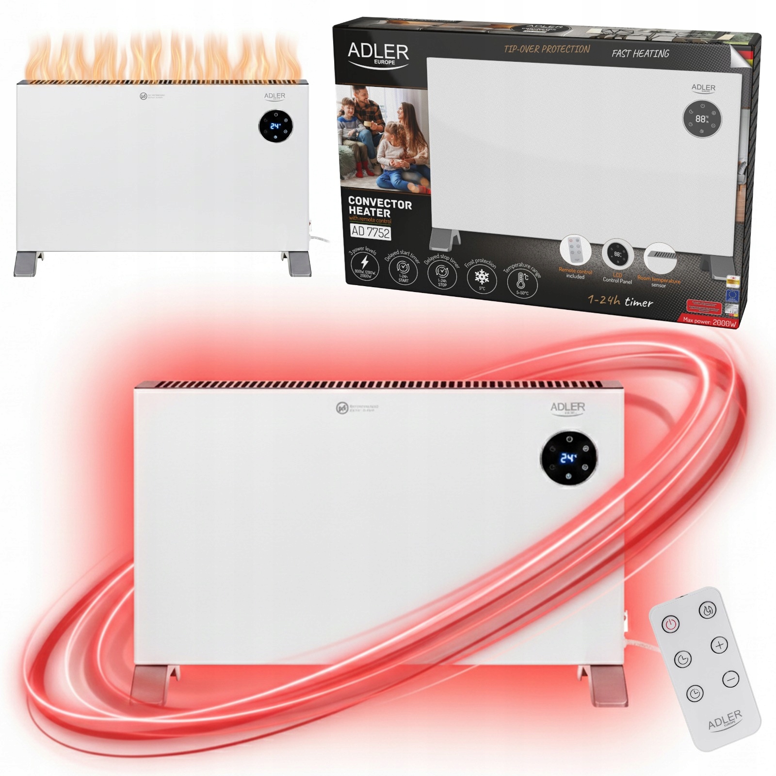 Elektrický Konvektorový Ohřívač, Energeticky Úsporný Led Termostat, Dálkové Ovládání 2000 W