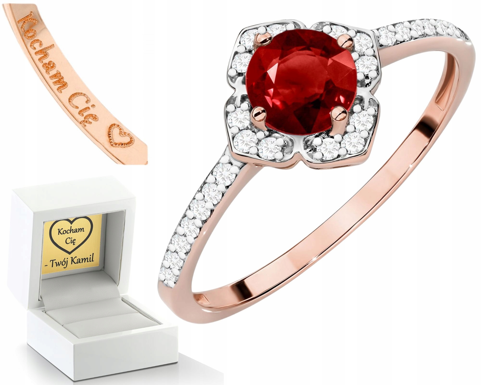 Růžový Zlatý Prsten S Granátem A Prstýnek 585 14K Zlato Jako Dárek Gravírování