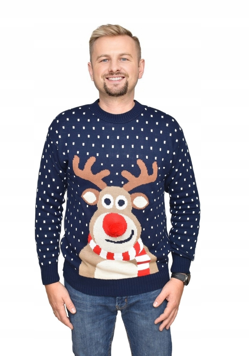 Granatowy zestaw dla par SWETER ŚWIĄTECZNY Z RENIFEREM POMPONEM NOS 3D Rozmiar uniwersalny