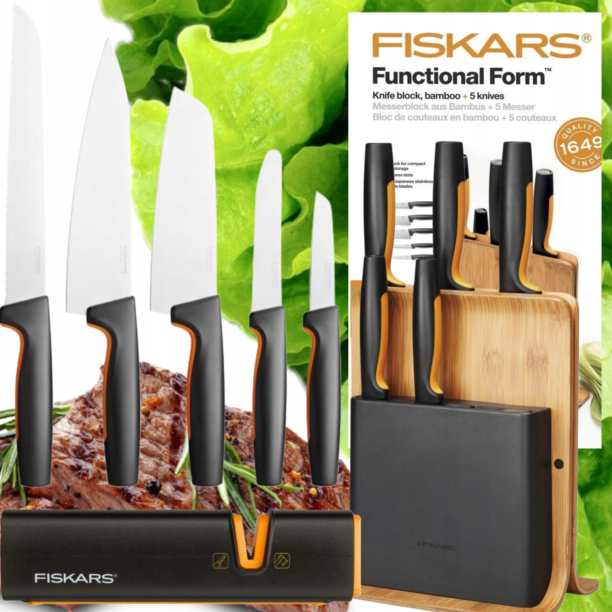 Sada 5 Nožov Fiskars V Bambusovom Bloku, Ostré Nože Stojan Brusný Kameň