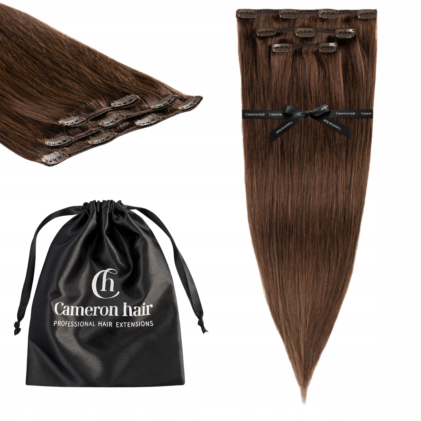 Přírodní vlasy Clip In 53 cm 3 pásky 60 gramů #3 Přírodní hnědé připínáčky