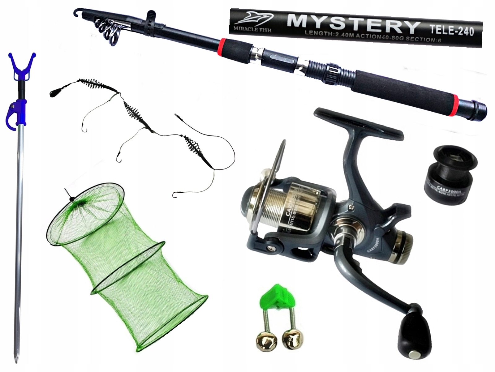 Zestaw 86 Wędka Mystery 240cm. Kołowrotek Carp 3000A Akcesoria.