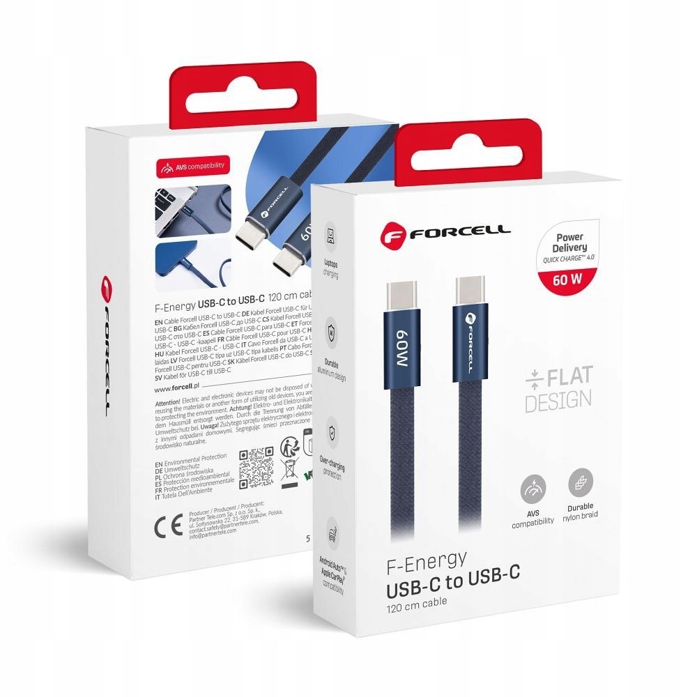Kabel USB C do USB C Forcell F-Energy QC4.0 PD 3A 60W Cafule Flat 1,2 m CCF