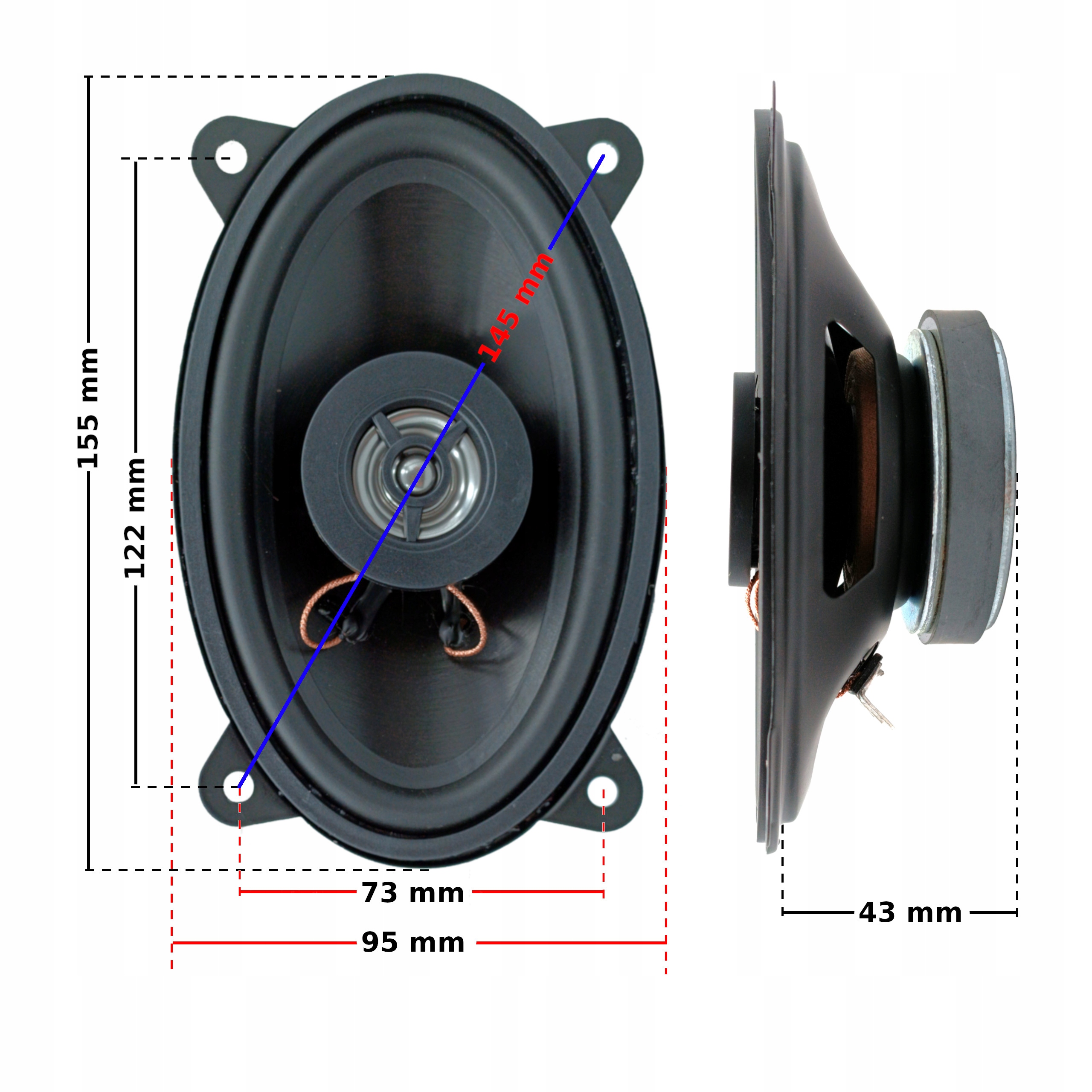 GŁOŚNIKI SAMOCHODOWE 4x6" DO SEAT CORDOBA IBIZA TOLEDO VARIO + ŚCIĄGACZE Model 95x155