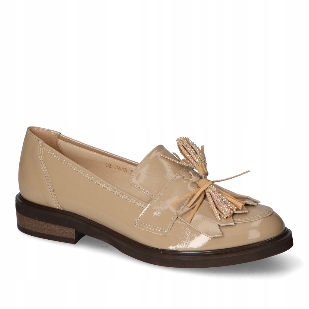 Lakované mokasíny Gamis Cappucino s koženými třásněmi 39
