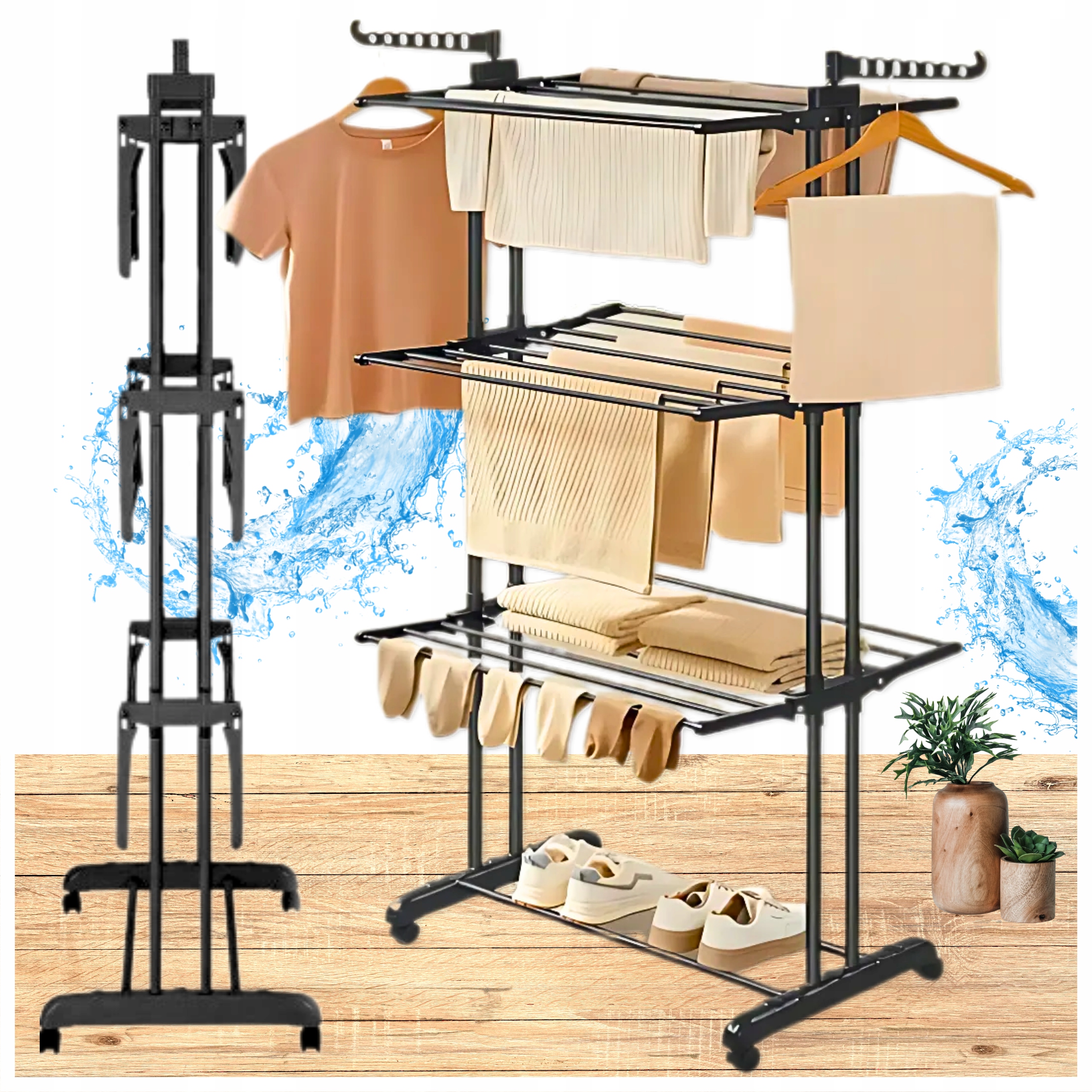 Levně Sušák na Prádlo Stojící 3 Úrovně Černá s kolečky a prostorem na boty