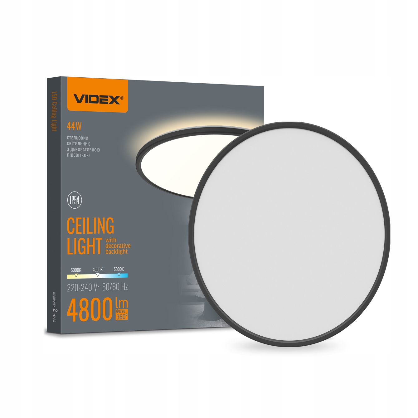 Led svítidlo s podsvícením stropní svítidlo Videx DL5R 44W 3000K–4000K–5000K Černá