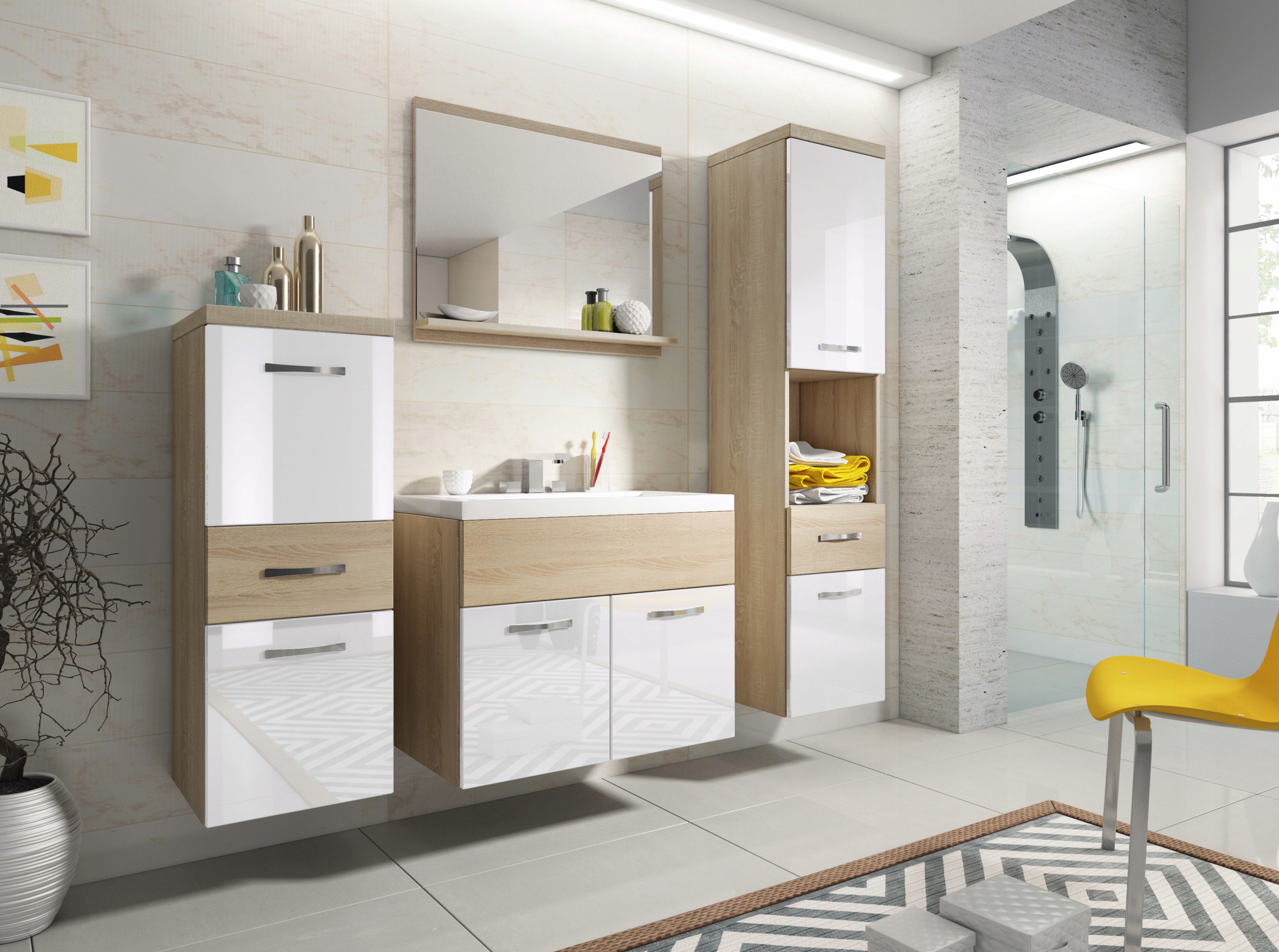 Závěsná koupelnová sada s umyvadlem a sloupky Sonoma bílý lesk