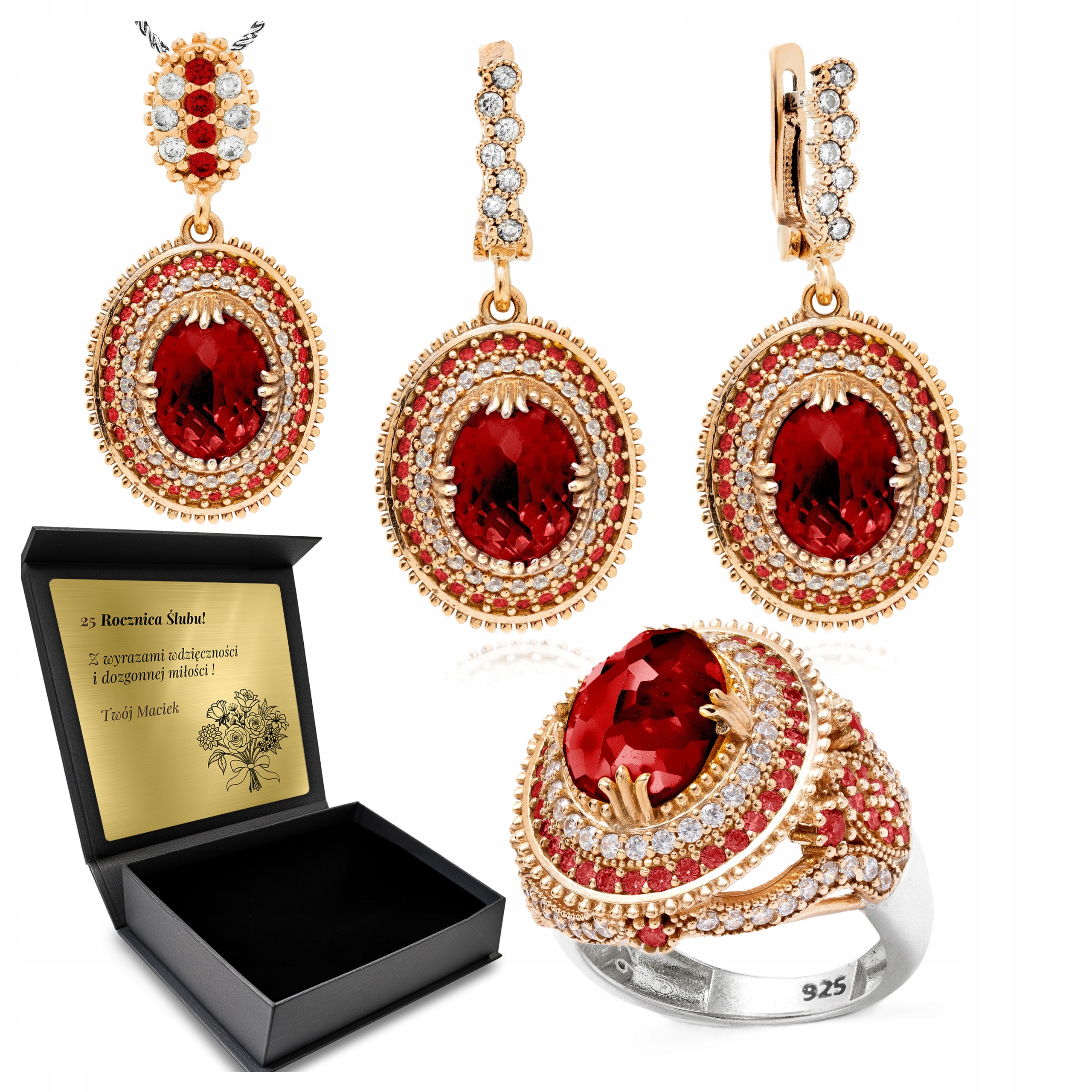 Sada Stříbrných Šperků 925 Se Zirkony A Granátem Pro Ženu Gravírování
