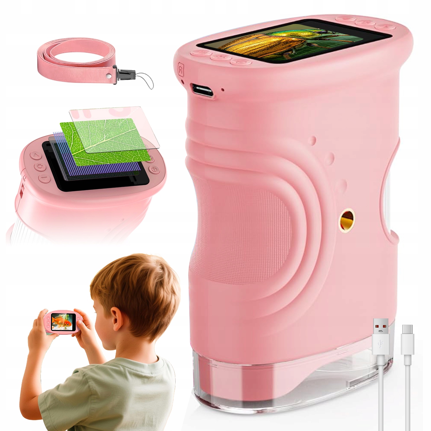 Mikroskop Pro Děti Růžový 1000X 2MP 8 Led Diod Usb Paměť Záznam Fotografií