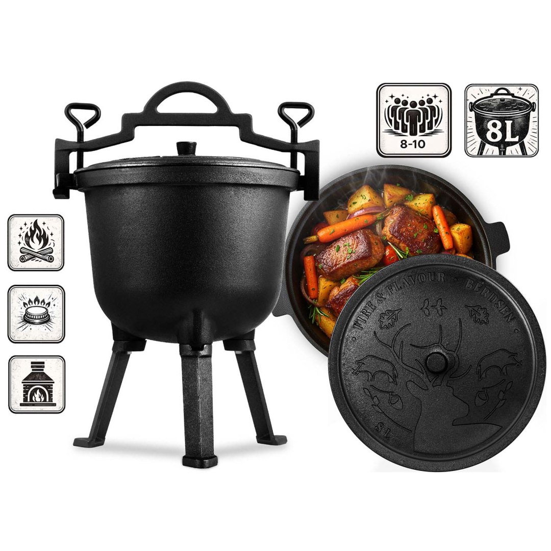 Litinový kotlík 8L Lovecký hrnec, pečeně na ohniště Recepty