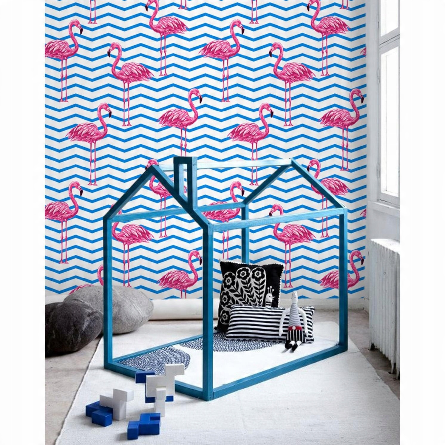

Fototapeta Flamingi i niebieski wzorek 290x290 cm