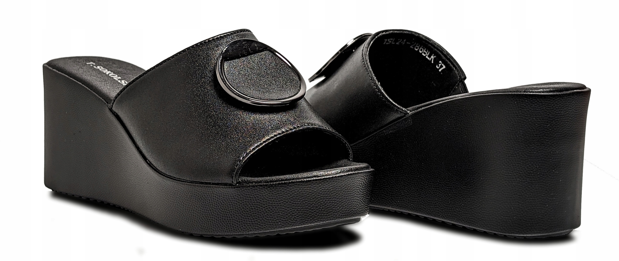 Eleganckie czarne klapki na koturnie Sokolski r38 Długość wkładki 24.6 cm