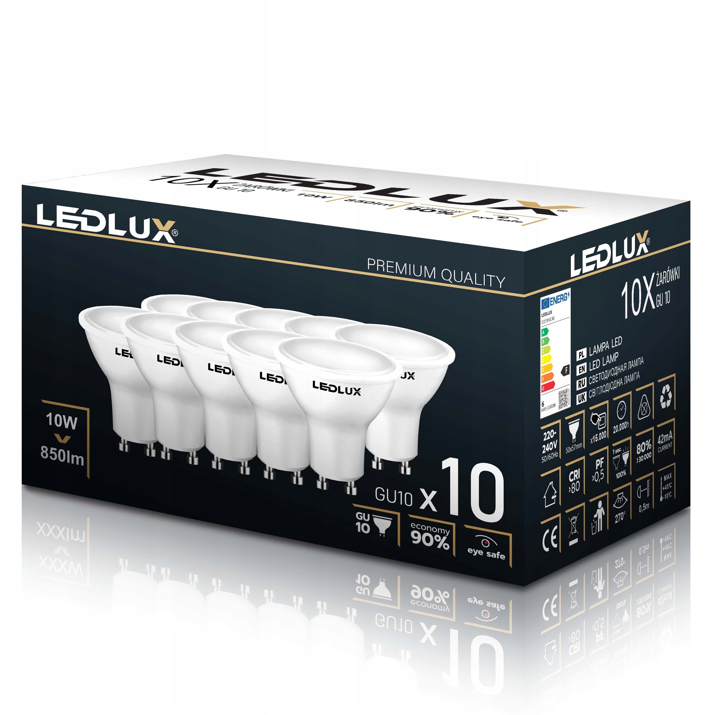 10x Żarówka LED GU10 10W =85W SMD 6000K zimna Premium LEDLUX nie mruga
