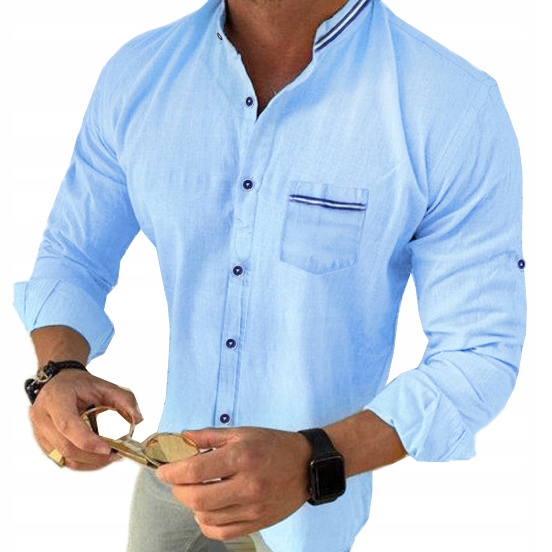 Pánská košile Každodenní stojáček Lněná Prodyšná Len Kapsa