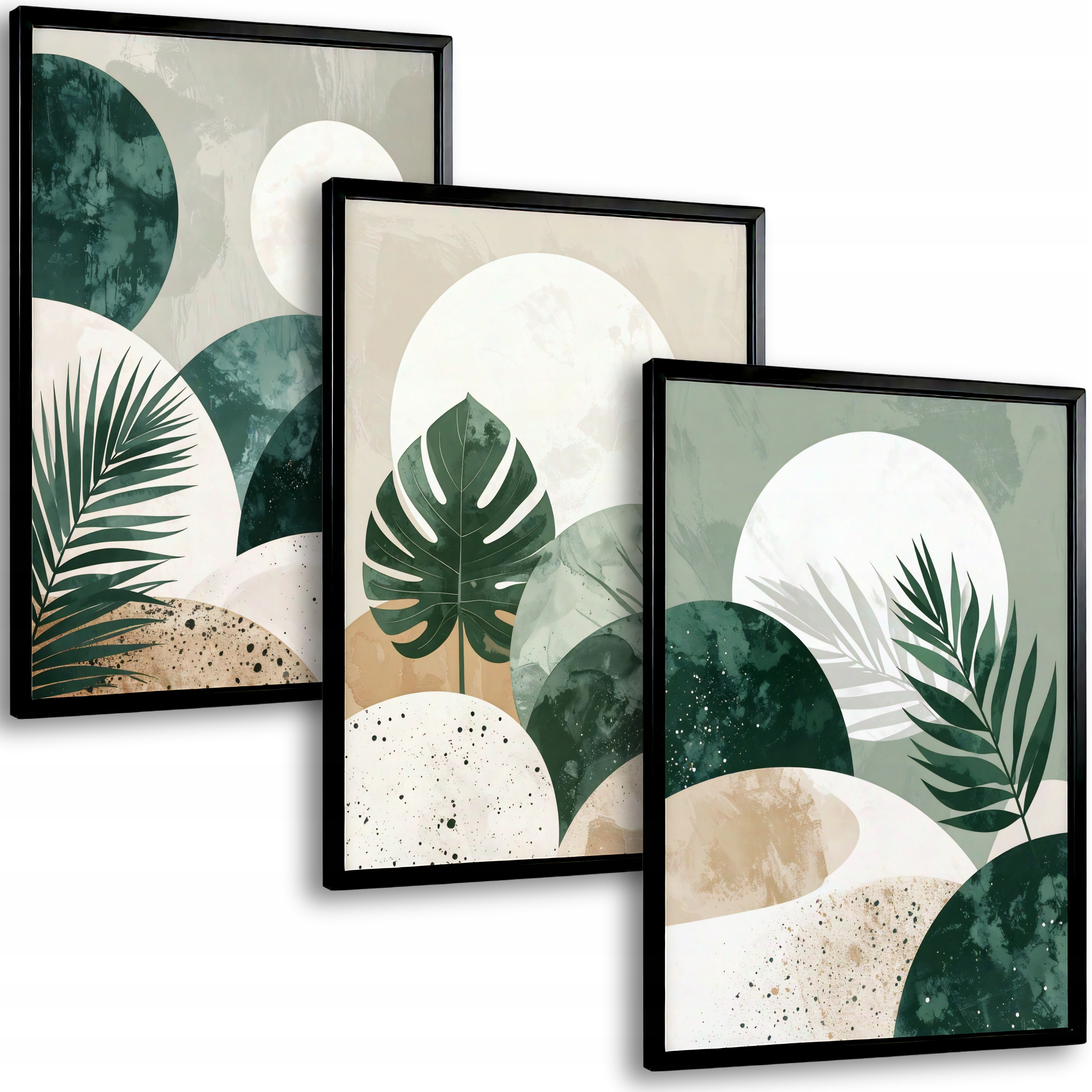 Zestaw 3 Obrazów Abstrakcja Monstera Palma Tropikalne Dekoracje Zielone