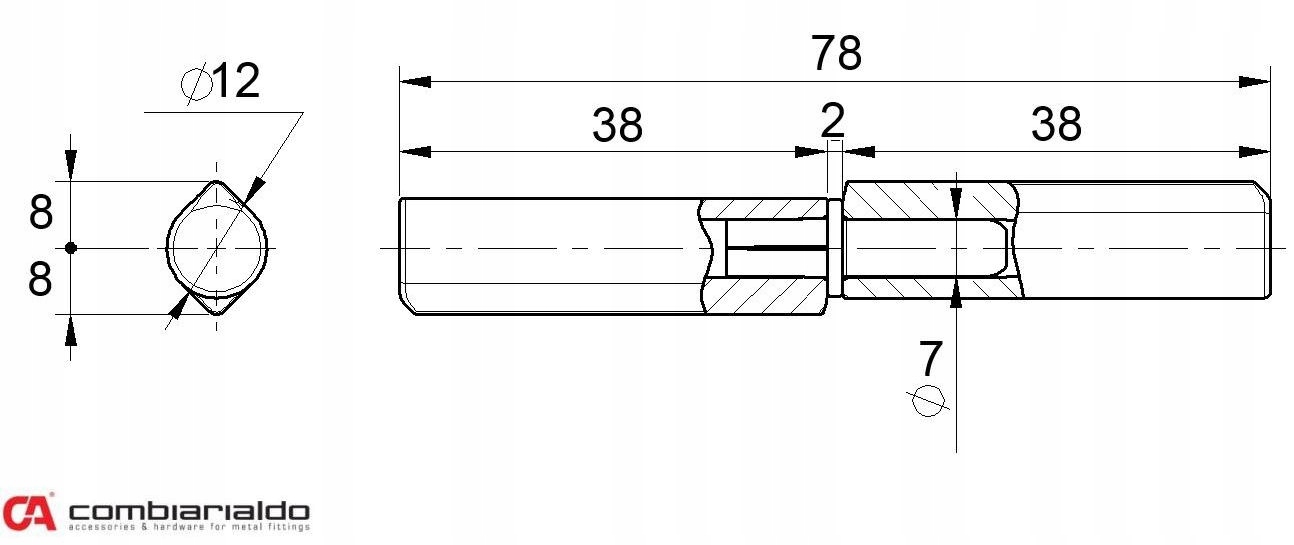 Zawias toczony fi 12 z odstępem. Długość 78 mm. Marka inna