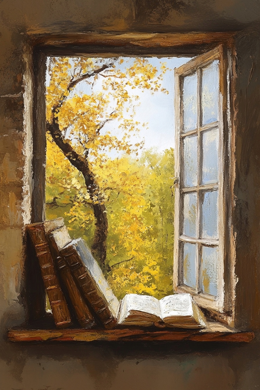 Obraz Na Plátně Canvas Okno Knihy Podzim Pohled Na Strom Nostalgie 80x120