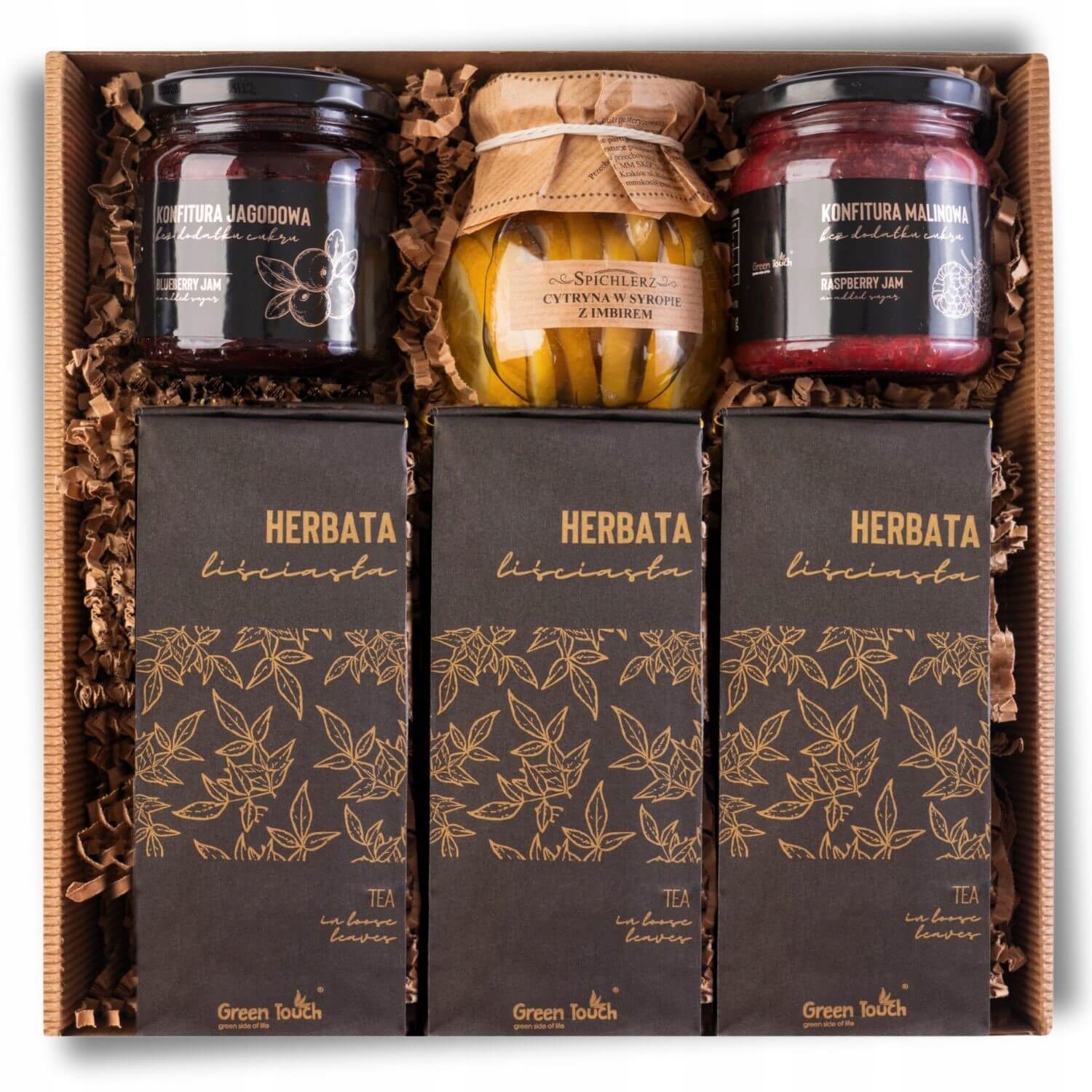 Levně Dárková Sada koš čajový set džemy malinová borůvková citronová