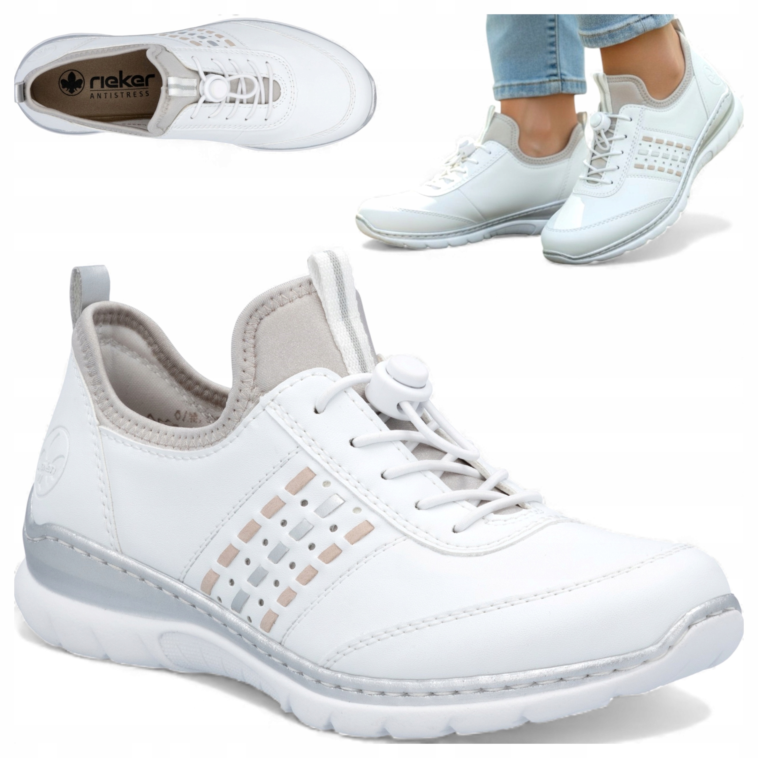 Sneakersy Damskie 38 Rieker Sportowe Wsuwane Lekkie Wiosenne Letnie Białe