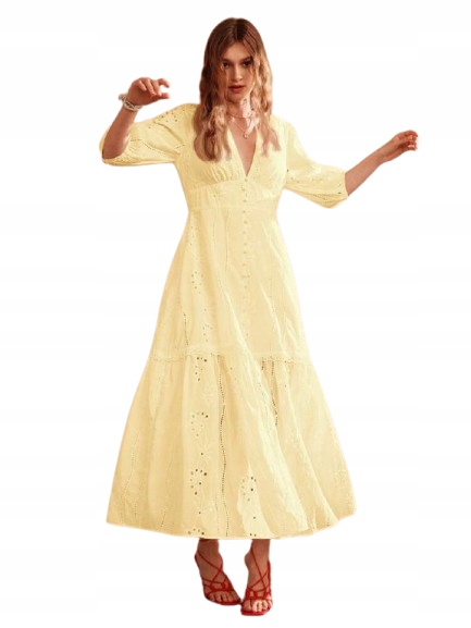 Shein Žlutá Šaty MIDI S Prolamovanými Rukávy A Volánem S 1KA