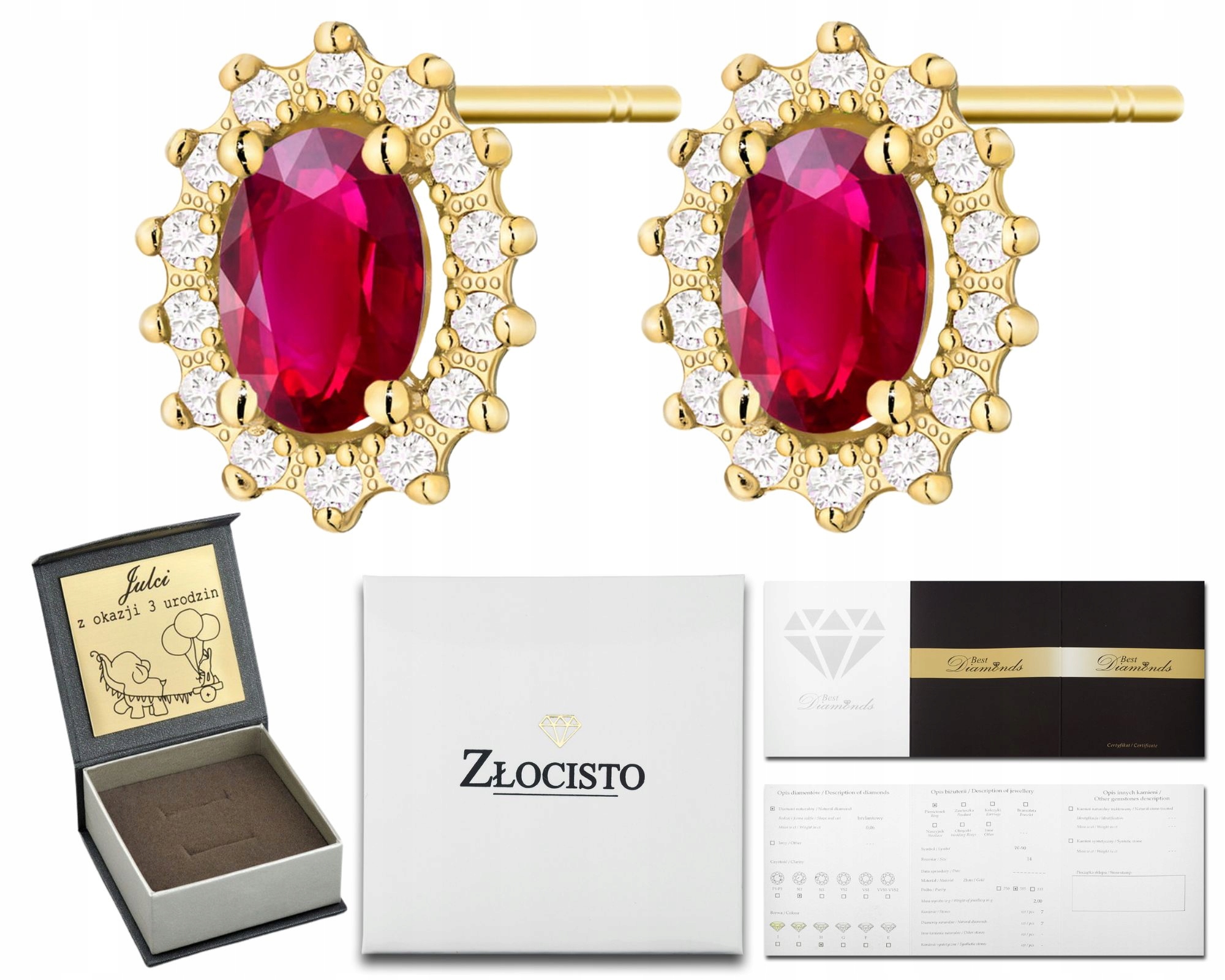 Zlaté Náušnice S Přírodními Kameny Rubíny, Brilianty Na Tyči, Zlato 585