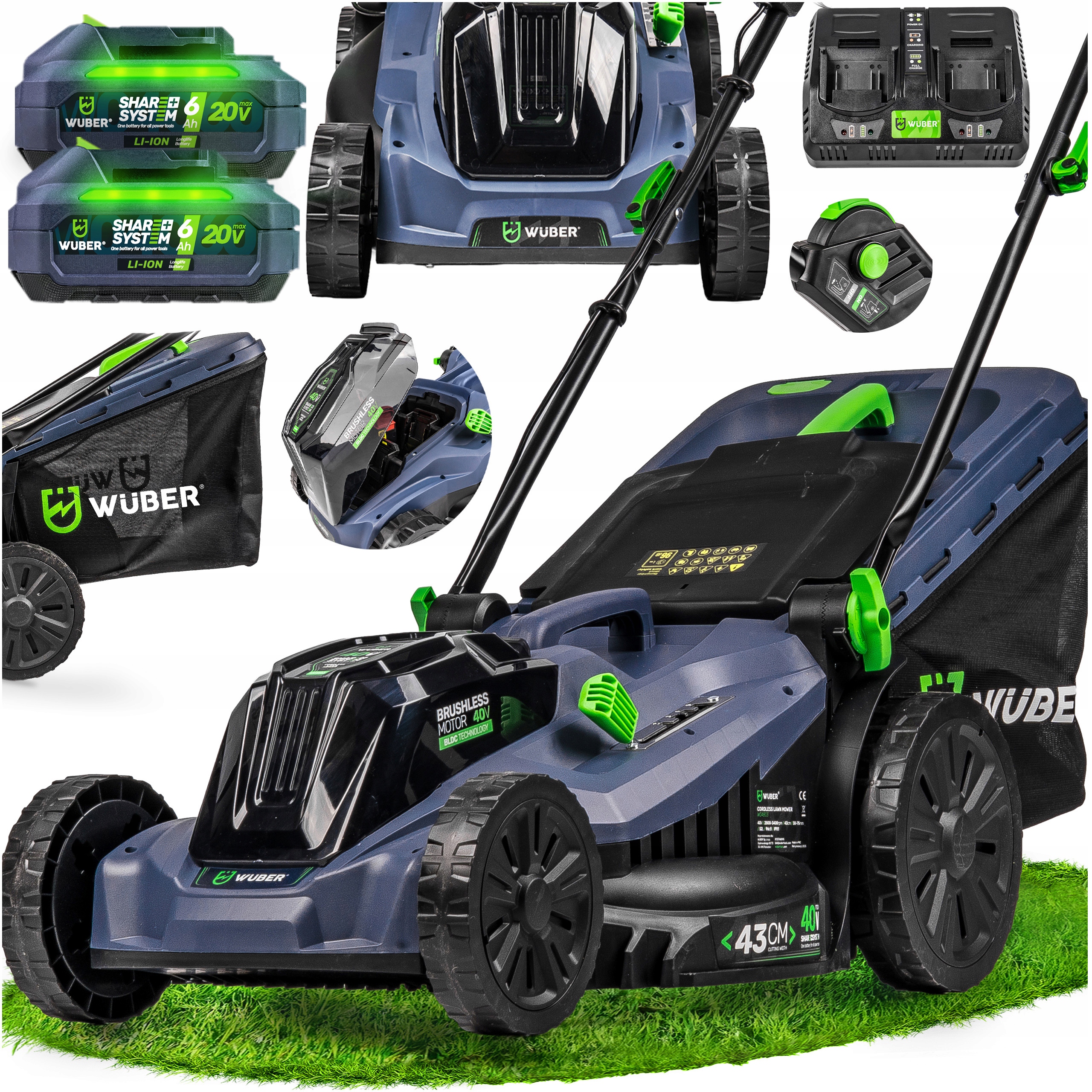 Kosiarka Akumulatorowa Bezszczotkowa 43CM Do Trawy 2X Aku 12AH Mocna Wuber