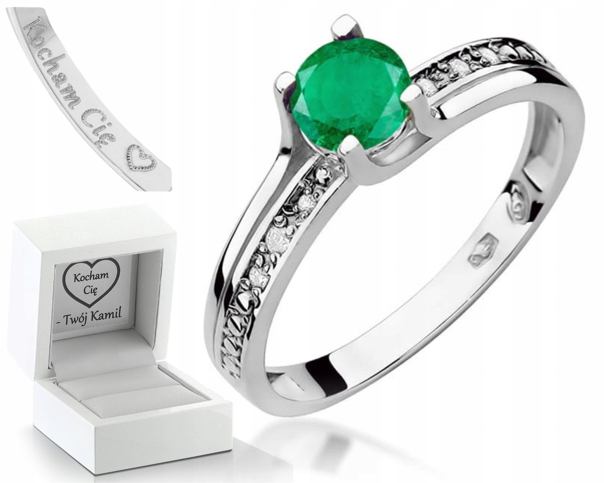 Prstýnek Prsten Z Bílého Smaragd S Diamanty A Smaragdem Dárek Gravírování , Dárek 585