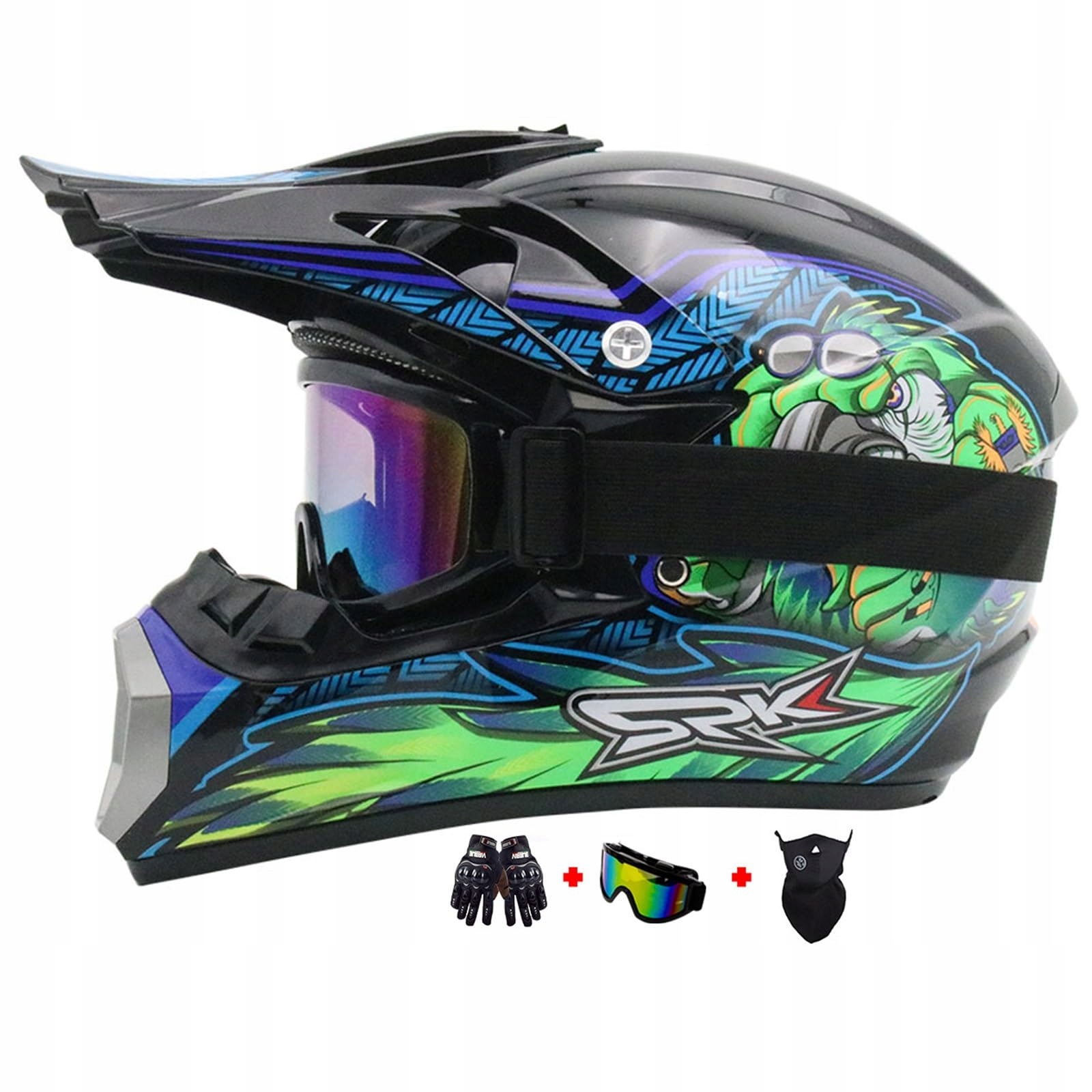 Kask motocrossowy pełnotwarzowy z rękawiczkami maską okularami MoHelmHuj S