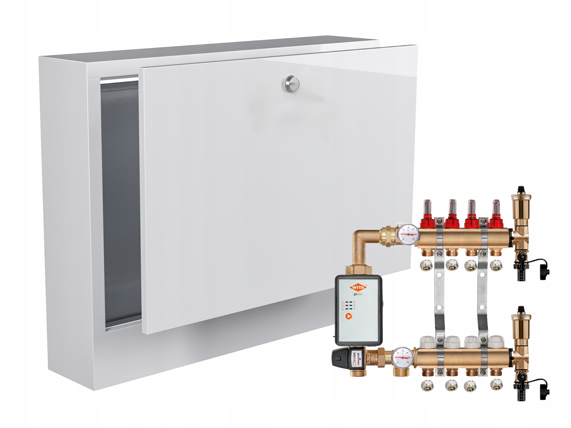 Mosazný Rozdělovač Podlahových Krytin 4+ČERPADLO Vítá Go.tec+nástěnná Skříňka+pex