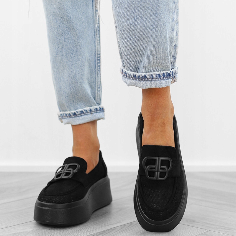 Czarne półbuty damskie platforma ażurowe mokasyny DS23109 r.38 Rozmiar 38