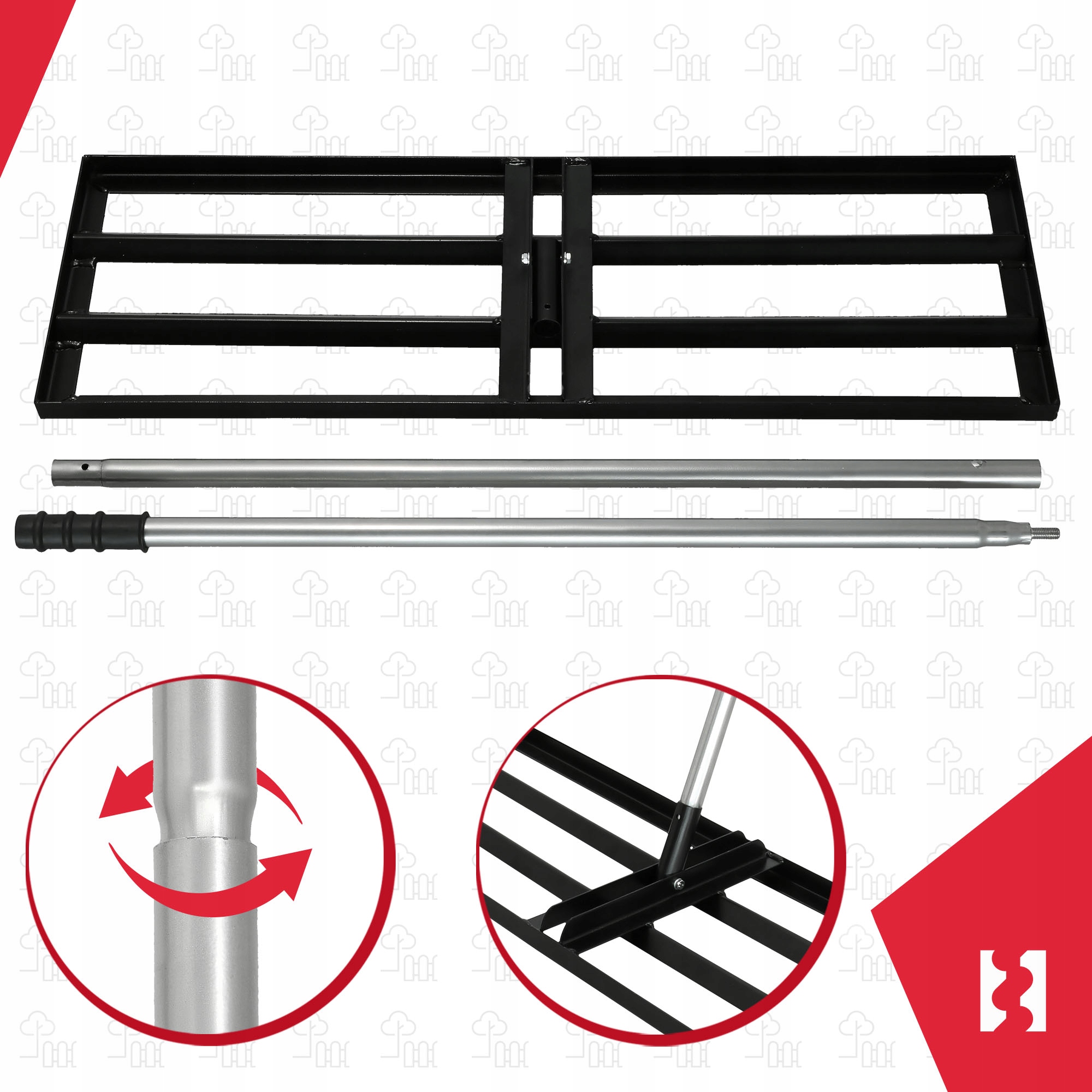 NIWELATOR RĘCZNY STALOWY DO TERENU TRAWNIKA KRETOWISK RÓWNIARKA TRZON 90x30 Materiał głowicy metal