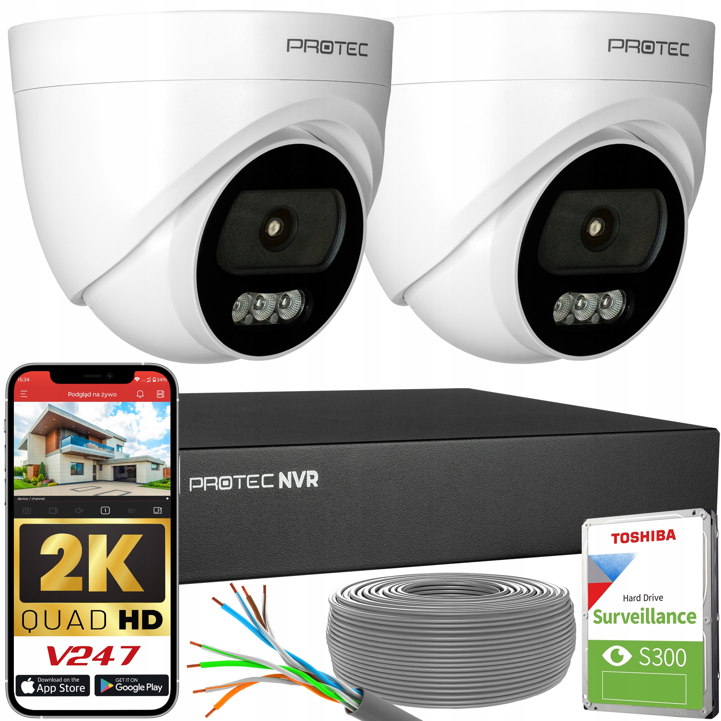 Monitorování 2 Ip kamery 4MPX 2K Poe Kopulový vnitřní mikrofon Hdd
