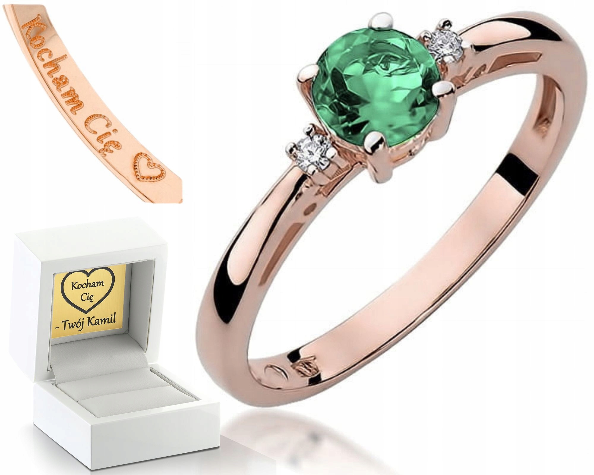 Růžový Zlatý Prstýnek Prstenn S Smaragd Gravírování Gravírování Bonus